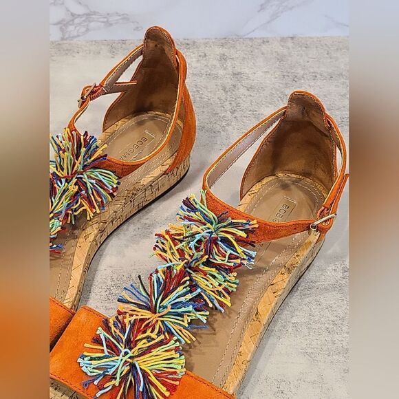 BCBGMaxAzria Orange Suede with Colorful Pom Pom Detail.Sandals, Cork Outsole | 9 - Picture 5 of 10